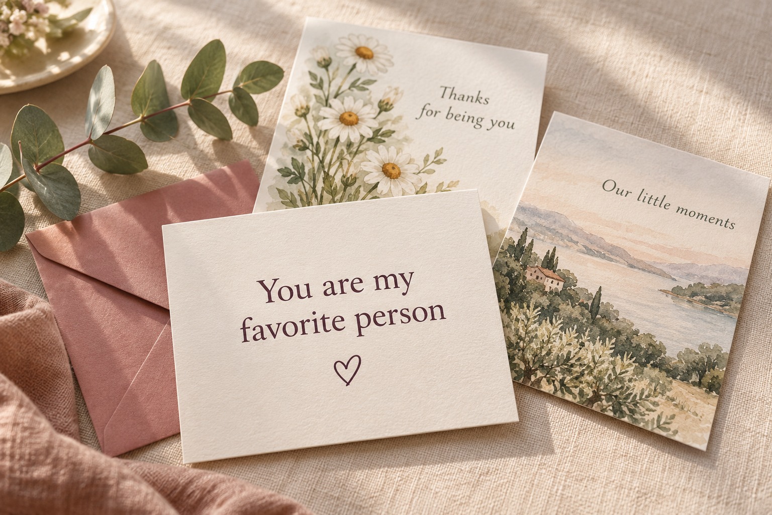 Illustrative personalized keepsake prints on warm linen beside a rose envelope and eucalyptus